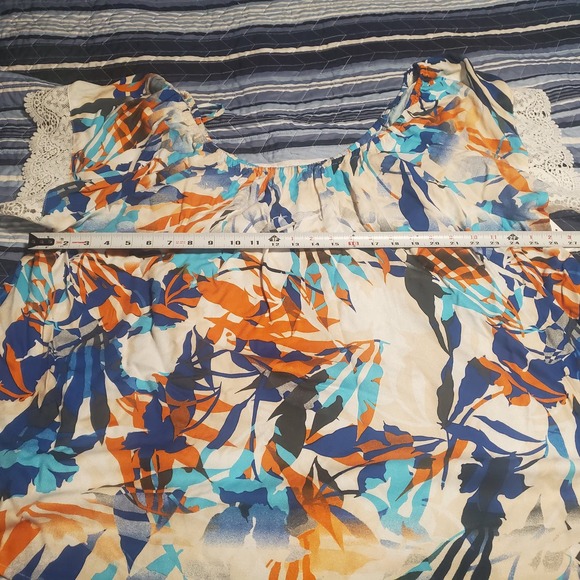 NEW 89th & Madison Lace Sleeve Blue Orange Floral Tie Back Elastic Neck Top - Picture 9 of 10